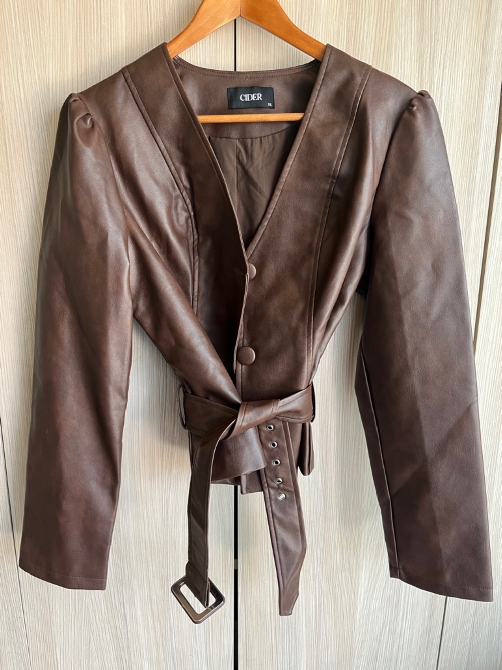 Cider Brown Faux Leather Belted V-Neck Jacket